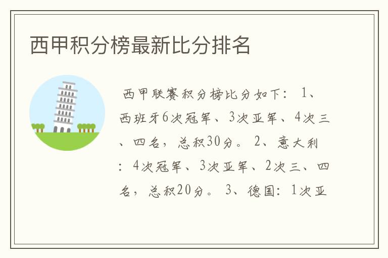 西甲积分榜最新比分排名