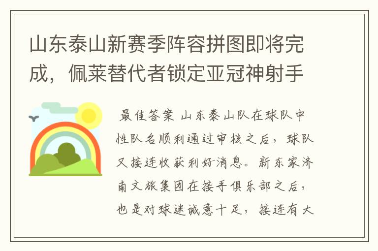 山东泰山新赛季阵容拼图即将完成,佩莱替代者锁定亚冠神射手