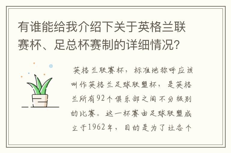 有谁能给我介绍下关于英格兰联赛杯、足总杯赛制的详细情况?