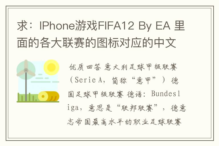 求:IPhone游戏FIFA12 By EA 里面的各大联赛的图标对应的中文名称 例如:Liga BBVA 西甲