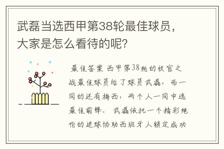 武磊当选西甲第38轮最佳球员,大家是怎么看待的呢?