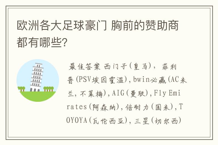欧洲各大足球豪门 胸前的赞助商都有哪些?