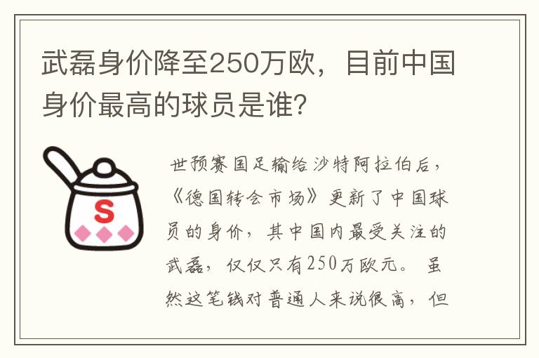 武磊身价降至250万欧,目前中国身价最高的球员是谁?