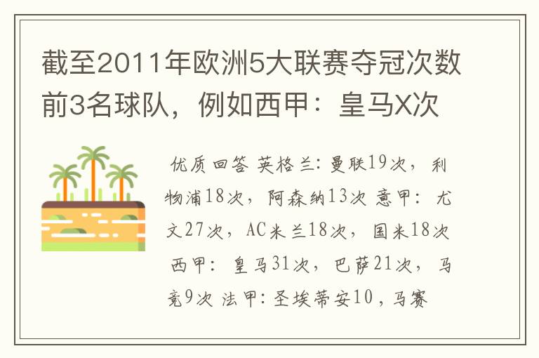 截至2011年欧洲5大联赛夺冠次数前3名球队,例如西甲:皇马X次、巴塞X次德甲: