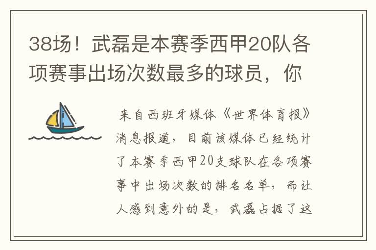 38场!武磊是本赛季西甲20队各项赛事出场次数最多的球员,你怎么看?