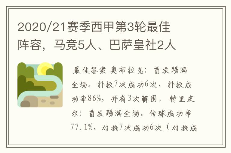 2020/21赛季西甲第3轮最佳阵容,马竞5人、巴萨皇社2人