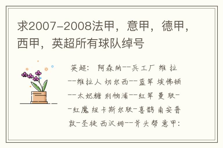 求2007-2008法甲,意甲,德甲,西甲,英超所有球队绰号