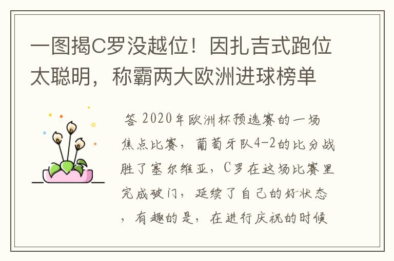一图揭C罗没越位!因扎吉式跑位太聪明,称霸两大欧洲进球榜单
