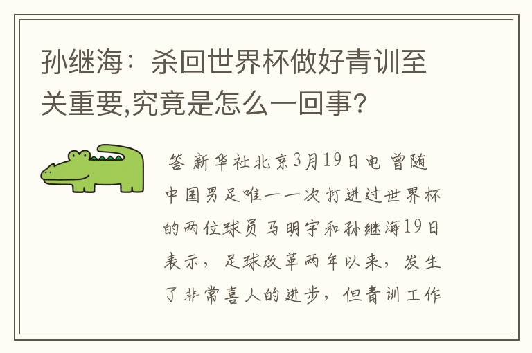 孙继海:杀回世界杯做好青训至关重要,究竟是怎么一回事?