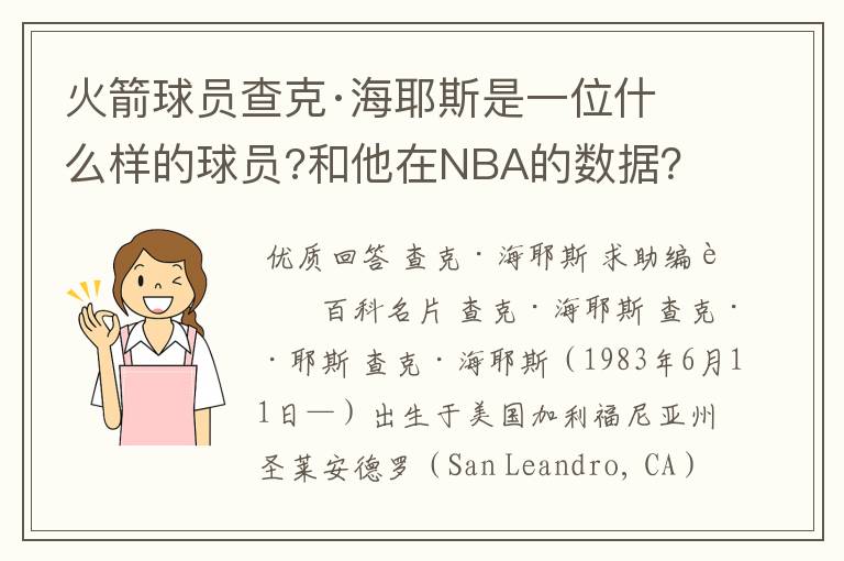 火箭球员查克·海耶斯是一位什么样的球员?和他在NBA的数据?及资料。