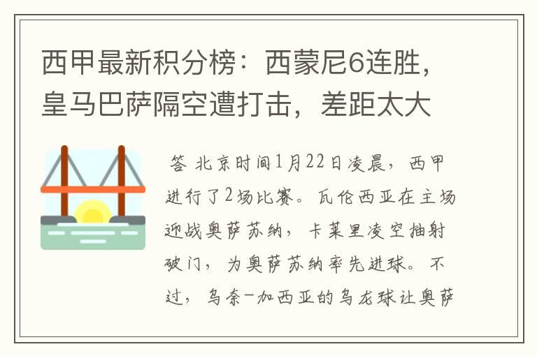 西甲最新积分榜:西蒙尼6连胜,皇马巴萨隔空遭打击,差距太大