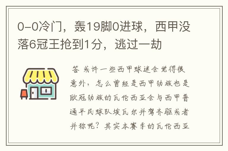 0-0冷门,轰19脚0进球,西甲没落6冠王抢到1分,逃过一劫