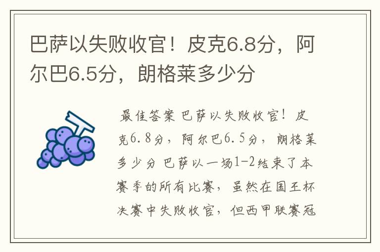 巴萨以失败收官!皮克6.8分,阿尔巴6.5分,朗格莱多少分