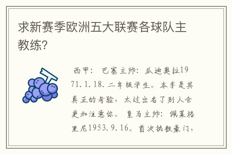 求新赛季欧洲五大联赛各球队主教练?