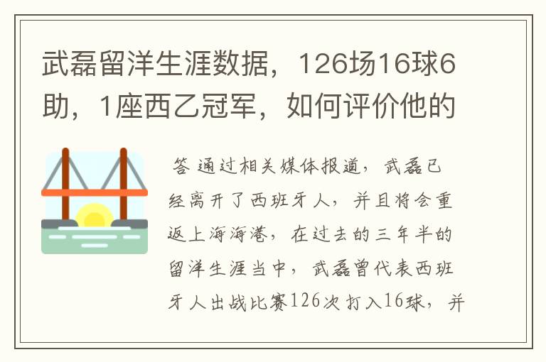 武磊留洋生涯数据,126场16球6助,1座西乙冠军,如何评价他的表现?