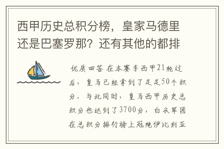 西甲历史总积分榜,皇家马德里还是巴塞罗那?还有其他的都排出来。