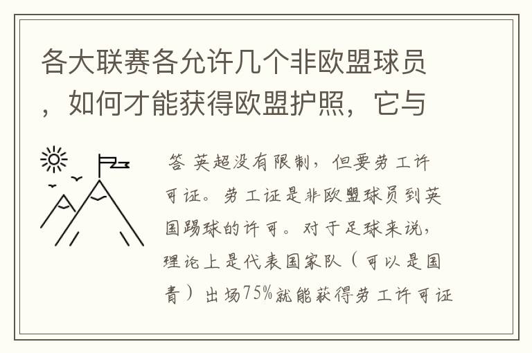 各大联赛各允许几个非欧盟球员,如何才能获得欧盟护照,它与劳工证有何不同
