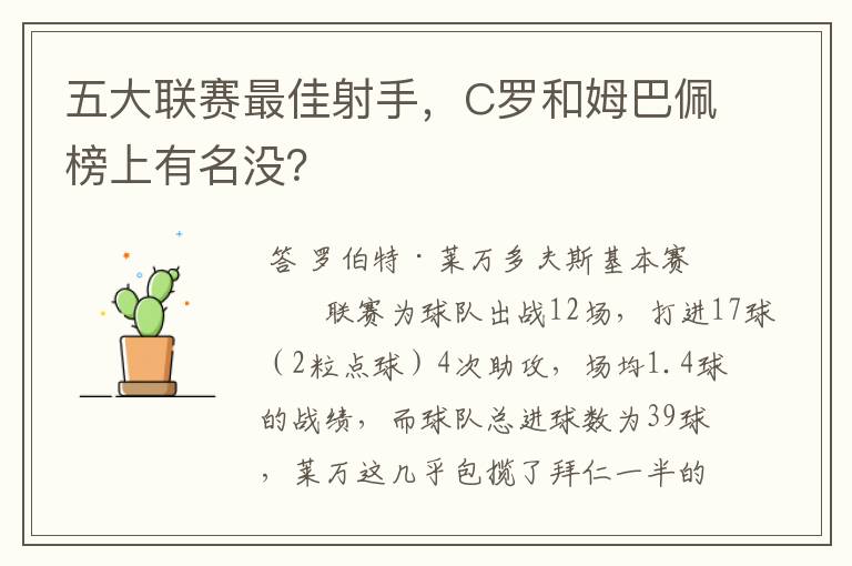 五大联赛最佳射手,C罗和姆巴佩榜上有名没?