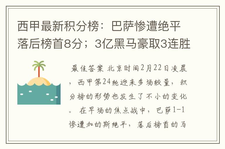 西甲最新积分榜:巴萨惨遭绝平落后榜首8分;3亿黑马豪取3连胜