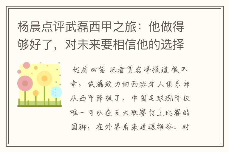 杨晨点评武磊西甲之旅:他做得够好了,对未来要相信他的选择