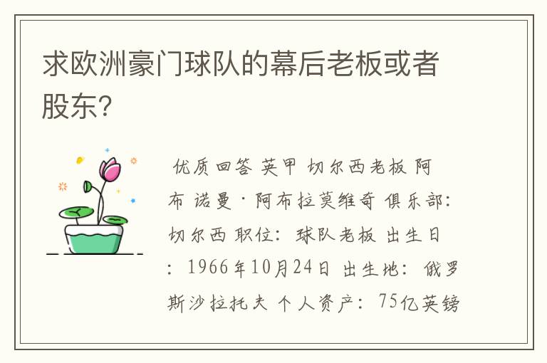 求欧洲豪门球队的幕后老板或者股东?