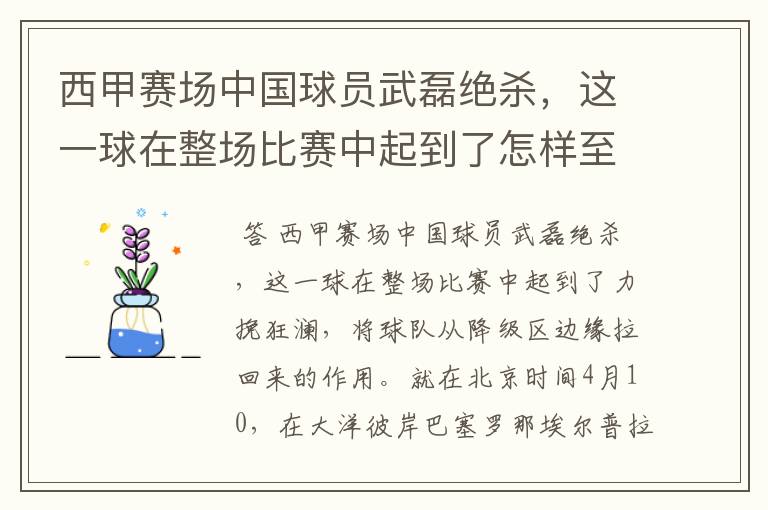 西甲赛场中国球员武磊绝杀,这一球在整场比赛中起到了怎样至关作用?