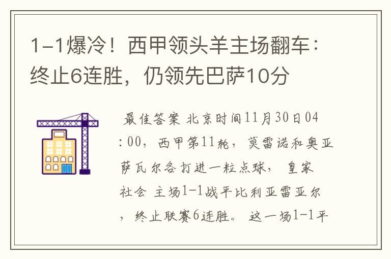 1-1爆冷!西甲领头羊主场翻车:终止6连胜,仍领先巴萨10分
