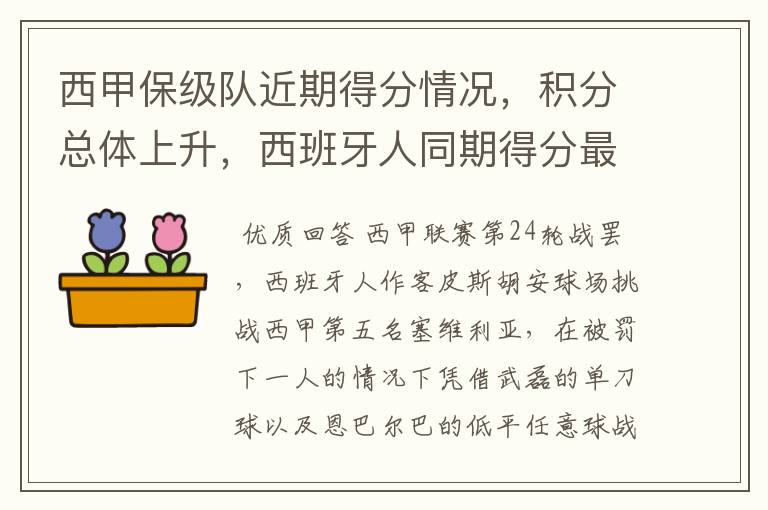 西甲保级队近期得分情况,积分总体上升,西班牙人同期得分最高