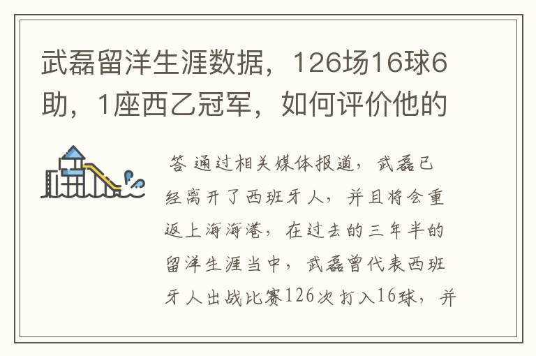 武磊留洋生涯数据,126场16球6助,1座西乙冠军,如何评价他的表现?
