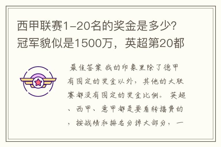 西甲联赛1-20名的奖金是多少?冠军貌似是1500万,英超第20都是4000万呀!