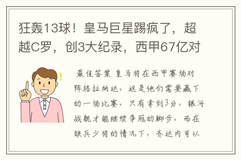 狂轰13球!皇马巨星踢疯了,超越C罗,创3大纪录,西甲67亿对决