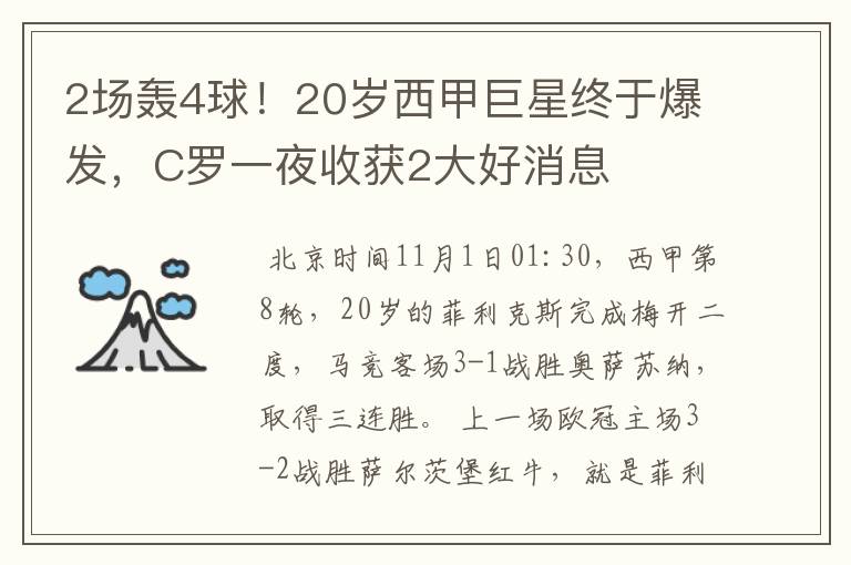 2场轰4球!20岁西甲巨星终于爆发,C罗一夜收获2大好消息