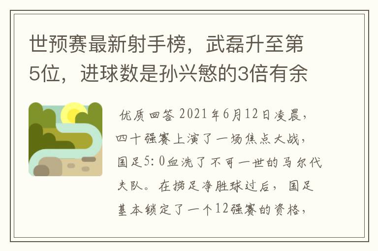 世预赛最新射手榜,武磊升至第5位,进球数是孙兴慜的3倍有余