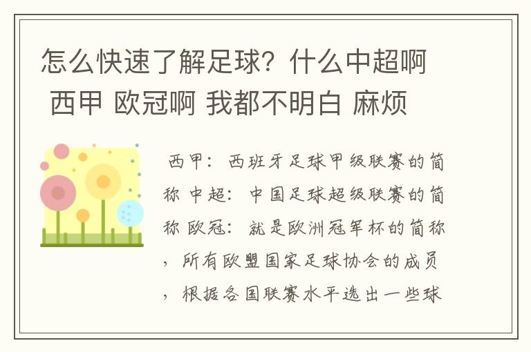 怎么快速了解足球?什么中超啊 西甲 欧冠啊 我都不明白 麻烦 有哪位特别了解足球的 跟我讲讲,多谢