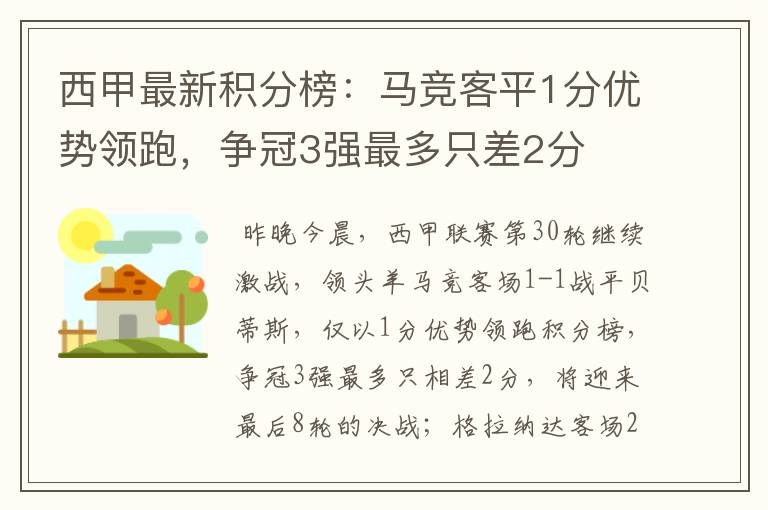 西甲最新积分榜:马竞客平1分优势领跑,争冠3强最多只差2分