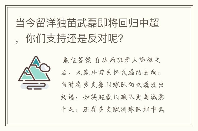 当今留洋独苗武磊即将回归中超,你们支持还是反对呢?