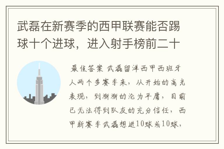 武磊在新赛季的西甲联赛能否踢球十个进球,进入射手榜前二十?