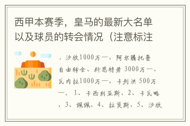西甲本赛季,皇马的最新大名单以及球员的转会情况(注意标注球员身价)