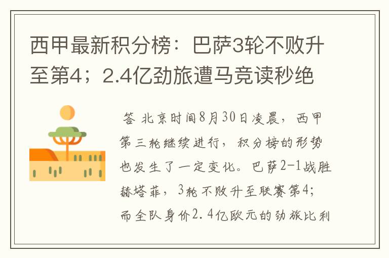 西甲最新积分榜:巴萨3轮不败升至第4;2.4亿劲旅遭马竞读秒绝平