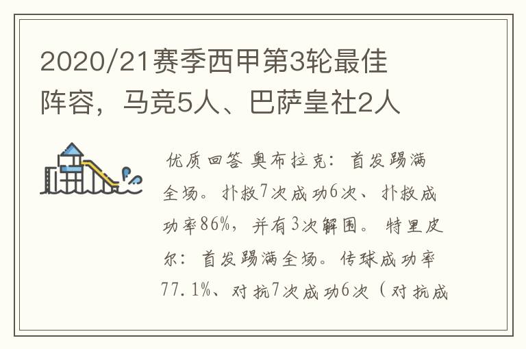 2020/21赛季西甲第3轮最佳阵容,马竞5人、巴萨皇社2人