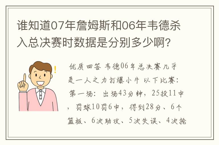 谁知道07年詹姆斯和06年韦德杀入总决赛时数据是分别多少啊?