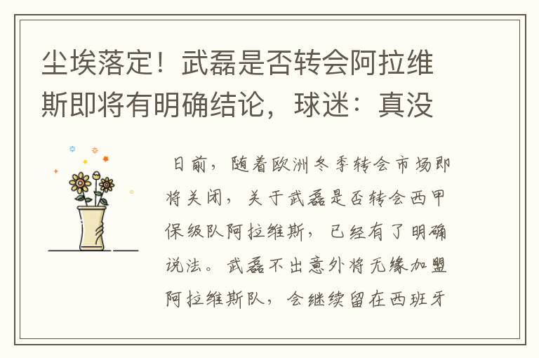 尘埃落定!武磊是否转会阿拉维斯即将有明确结论,球迷:真没想到