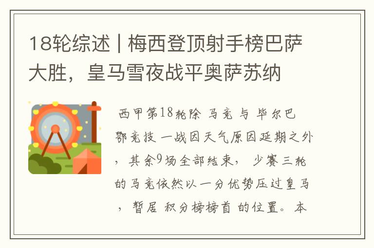 18轮综述 | 梅西登顶射手榜巴萨大胜,皇马雪夜战平奥萨苏纳