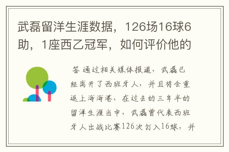 武磊留洋生涯数据,126场16球6助,1座西乙冠军,如何评价他的表现?