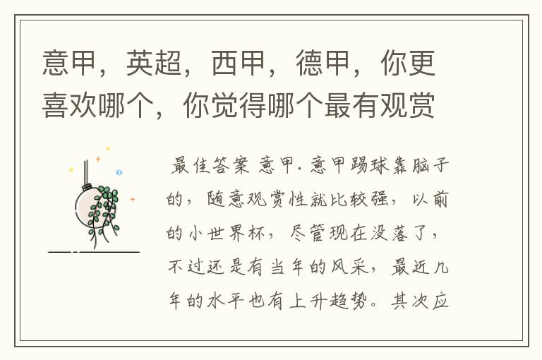 意甲,英超,西甲,德甲,你更喜欢哪个,你觉得哪个最有观赏性