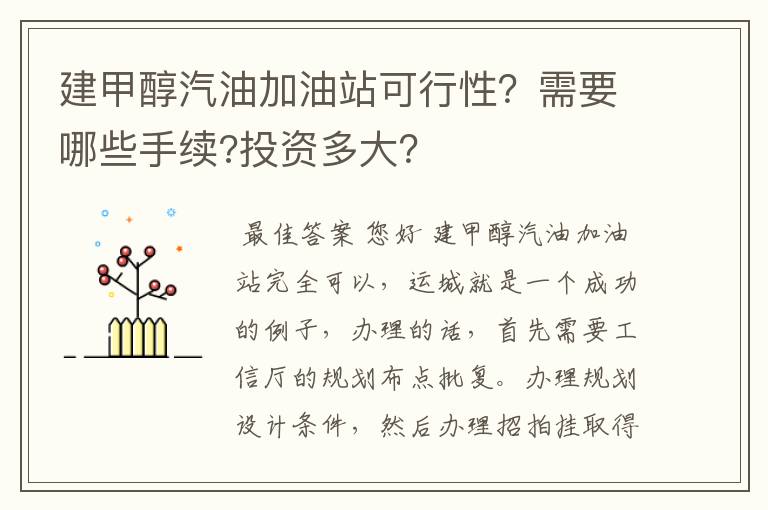 建甲醇汽油加油站可行性?需要哪些手续?投资多大?