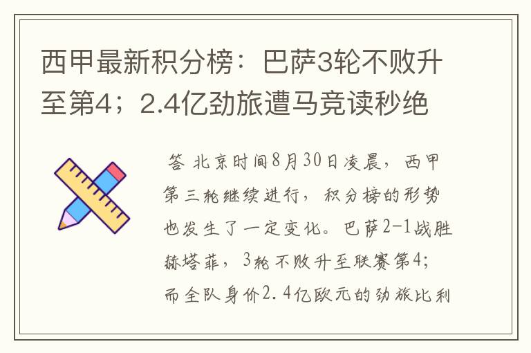 西甲最新积分榜:巴萨3轮不败升至第4;2.4亿劲旅遭马竞读秒绝平