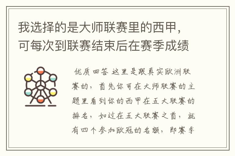 我选择的是大师联赛里的西甲,可每次到联赛结束后在赛季成绩里在欧洲联赛里哪项是为参加,要怎样才能参加