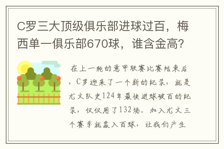 C罗三大顶级俱乐部进球过百,梅西单一俱乐部670球,谁含金高?