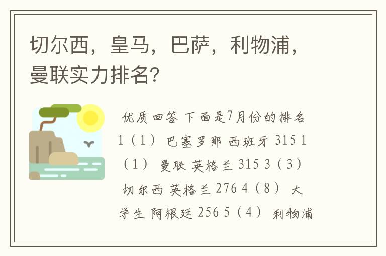 切尔西,皇马,巴萨,利物浦,曼联实力排名?